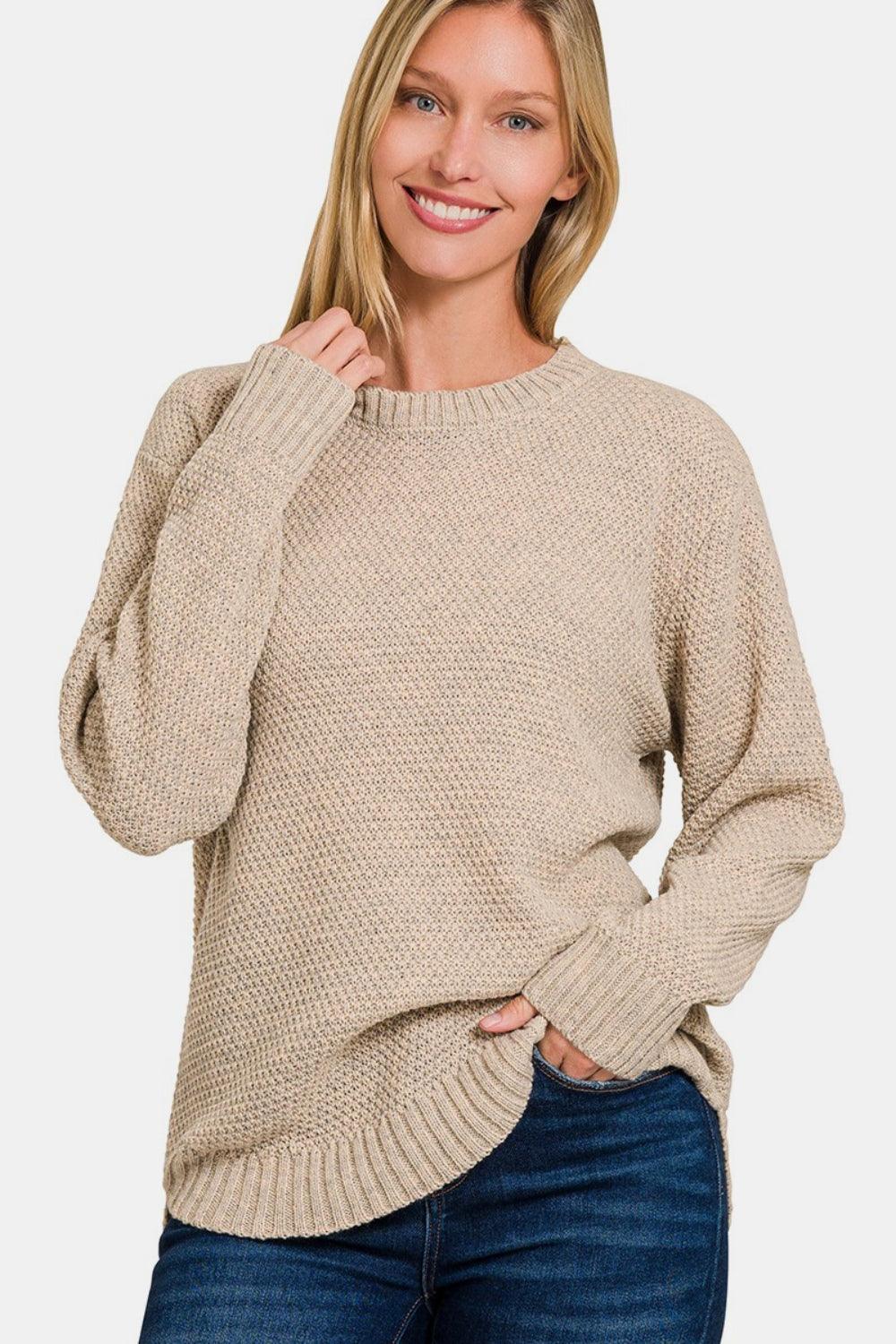 Zenana Ful Size Round Neck Long Sleeve Curved Hem Sweater - Divasha