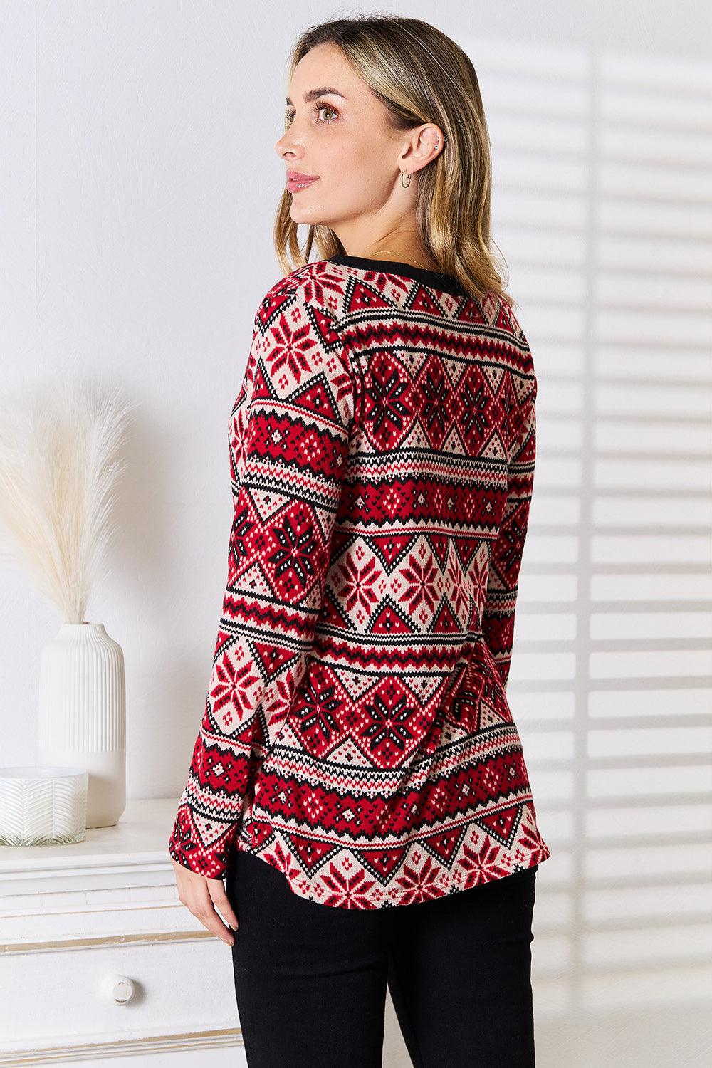 Heimish Full Size Snowflake Print Long Sleeve Top - Divasha