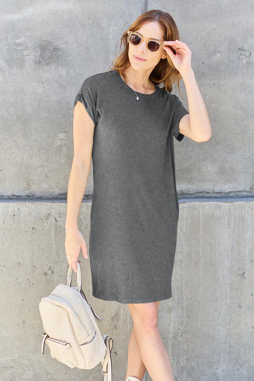 Basic Bae Full Size Round Neck Short Sleeve Dress with Pockets - Divasha