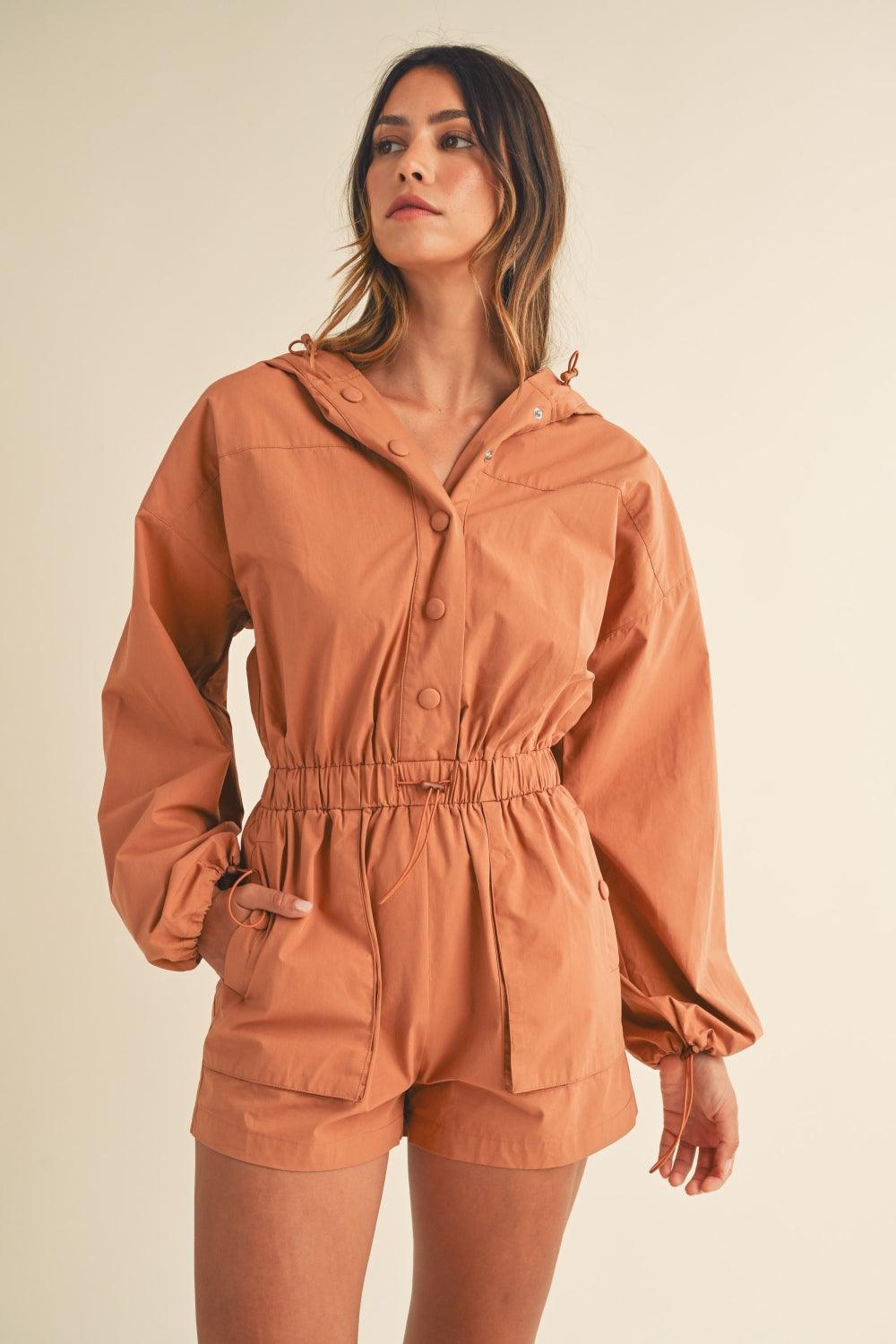 Mable Snap Down Long Sleeve Hooded Romper - Divasha