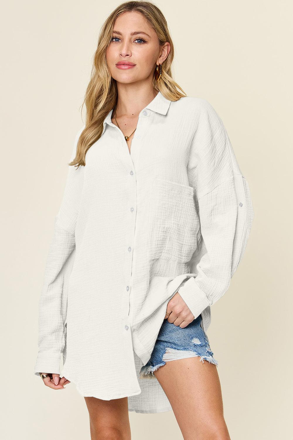 Double Take Full Size Pocketed Texture Button Up Shirt - Divasha