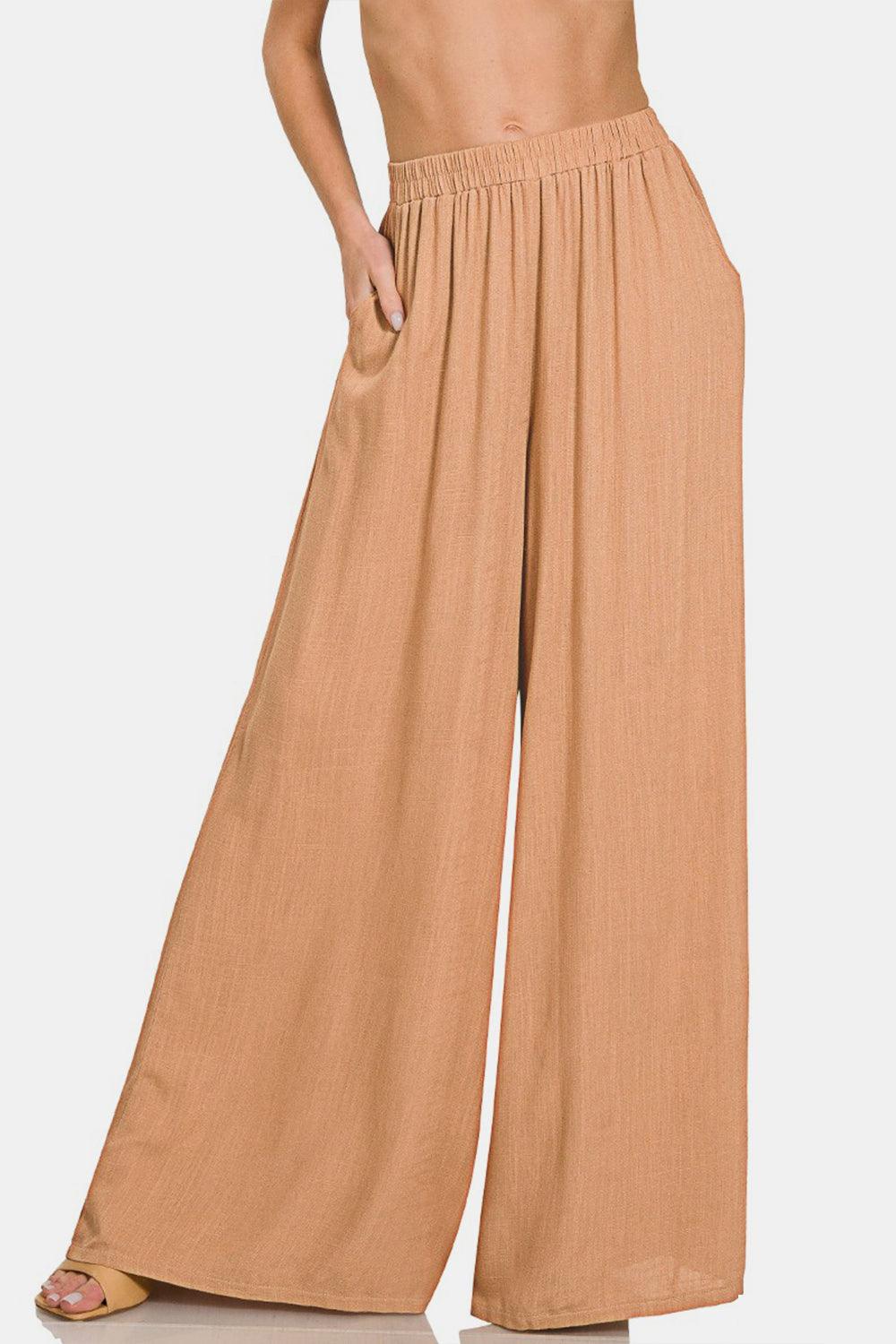 Zenana Pleated Linen Blend Wide Leg Pants - Divasha