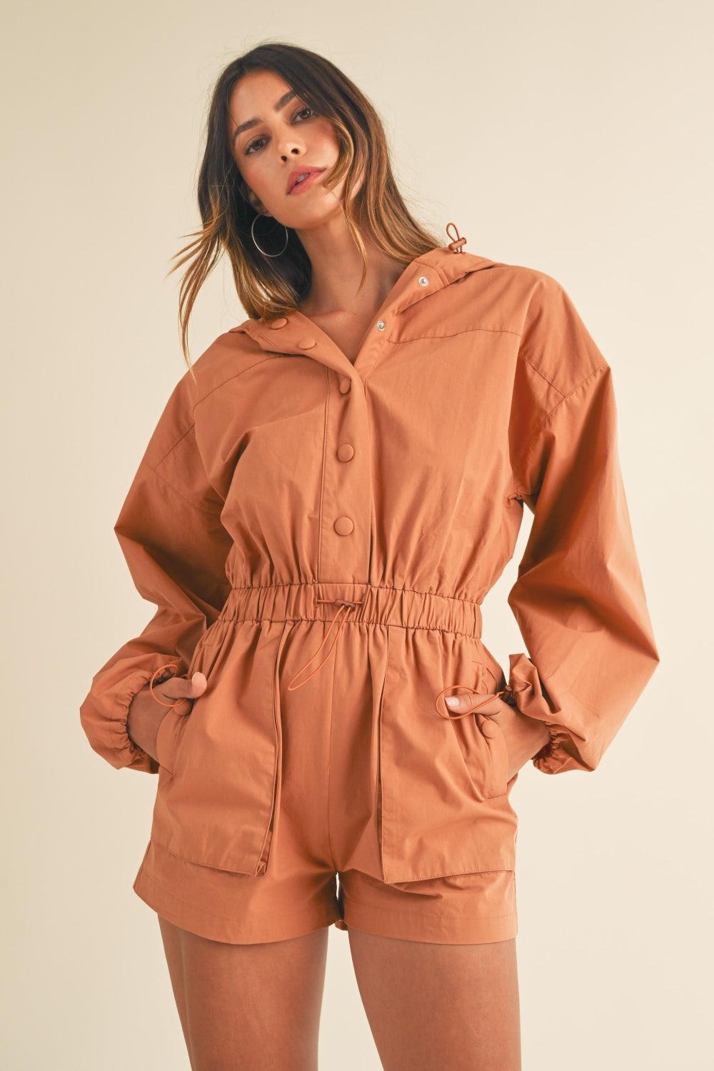 Mable Snap Down Long Sleeve Hooded Romper - Divasha