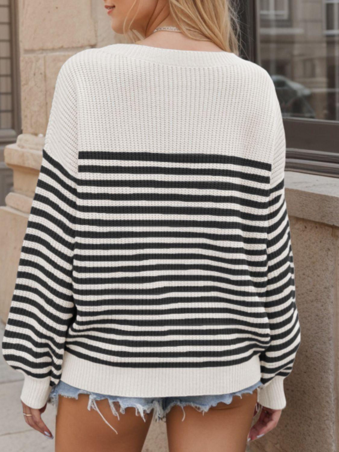 Striped Round Neck Long Sleeve Sweater - Divasha