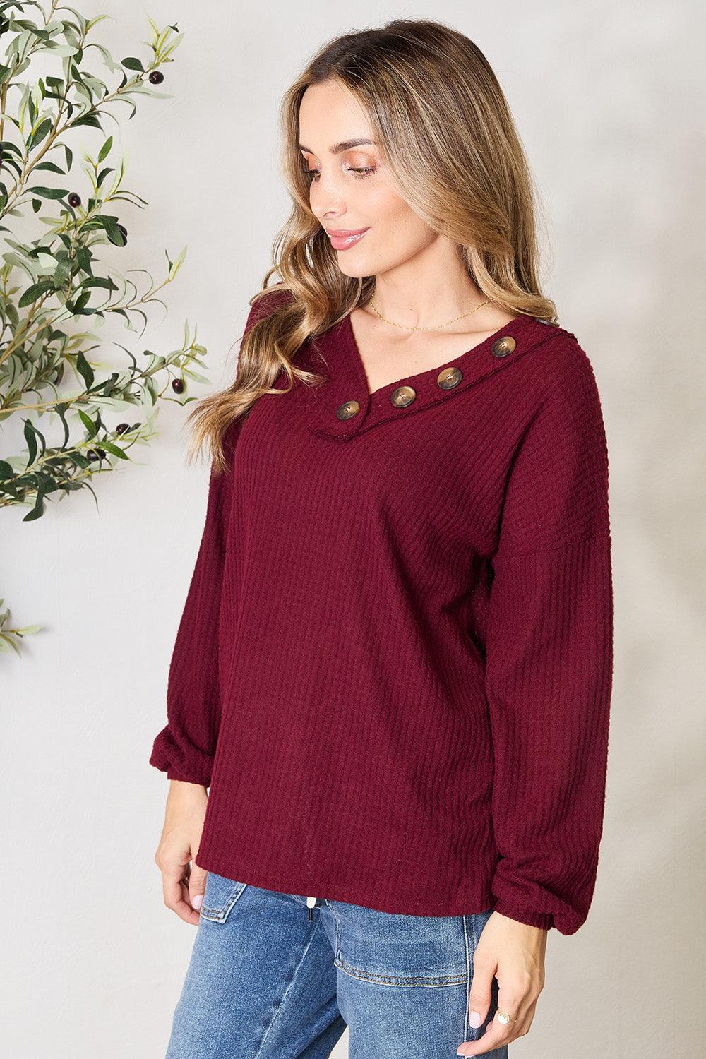 Zenana Buttoned V-Neck Long Sleeve Blouse - Divasha