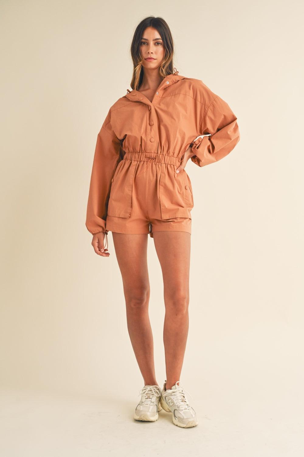 Mable Snap Down Long Sleeve Hooded Romper - Divasha