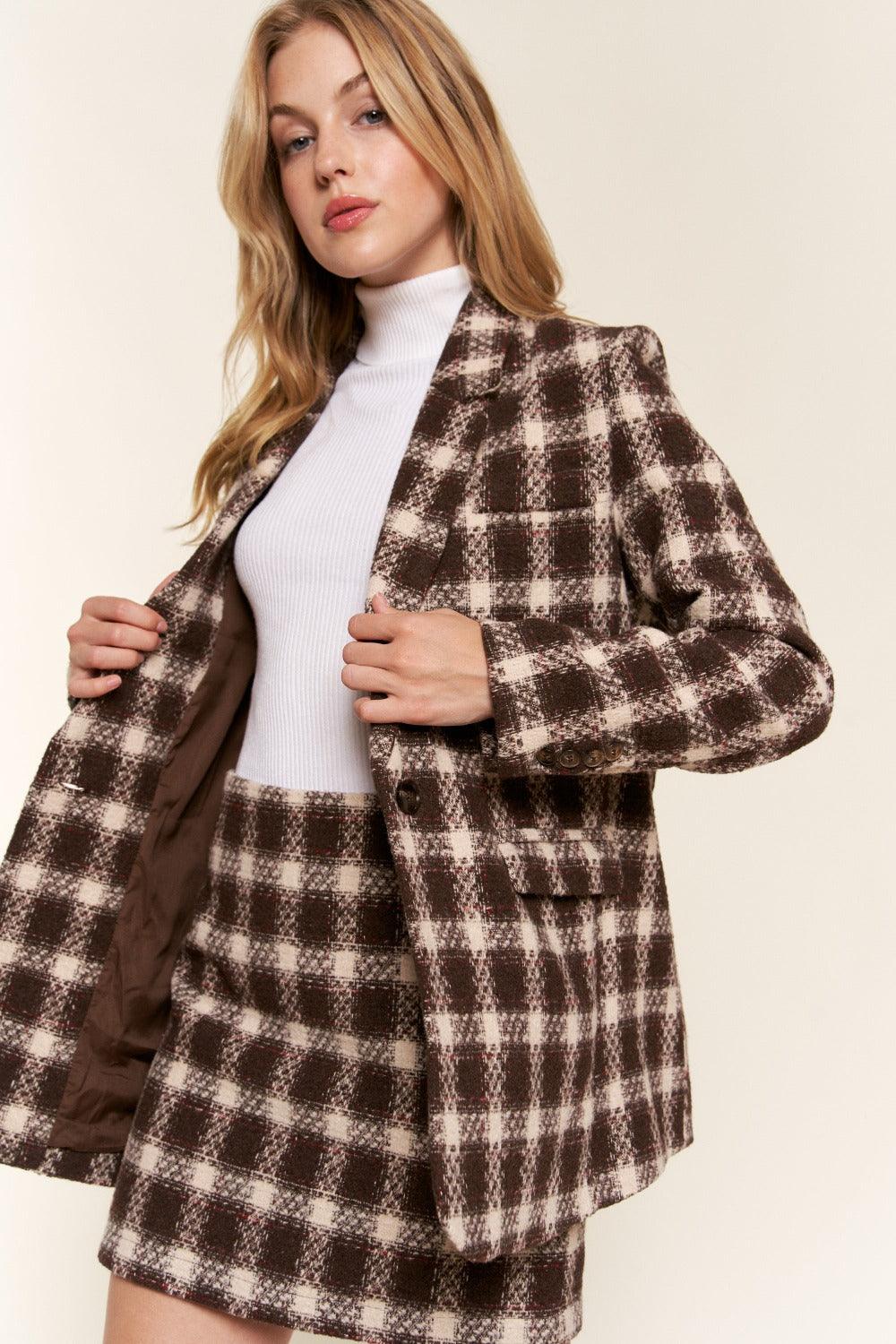 And The Why Full Size Plaid Brushed One Button Blazer - Divasha