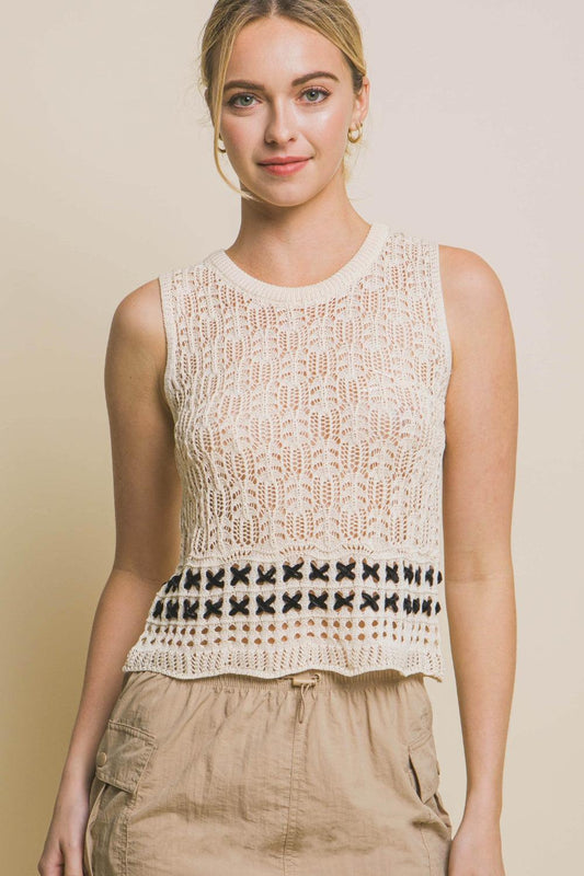 Love Tree Contrast line Openwork Knit Tank - Divasha