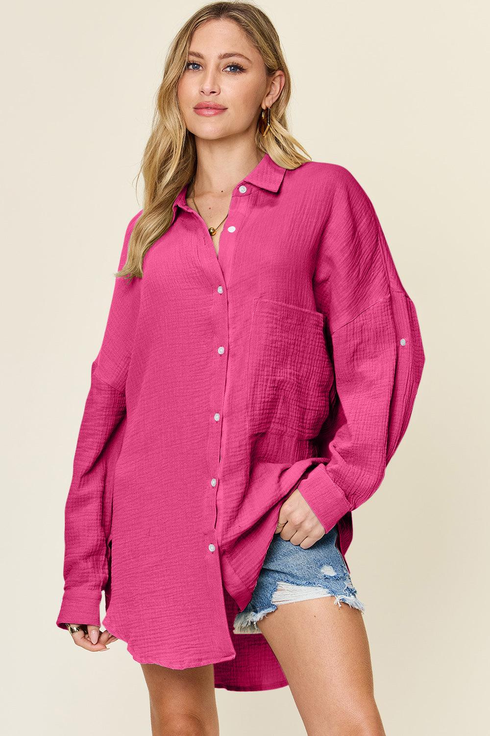 Double Take Full Size Pocketed Texture Button Up Shirt - Divasha