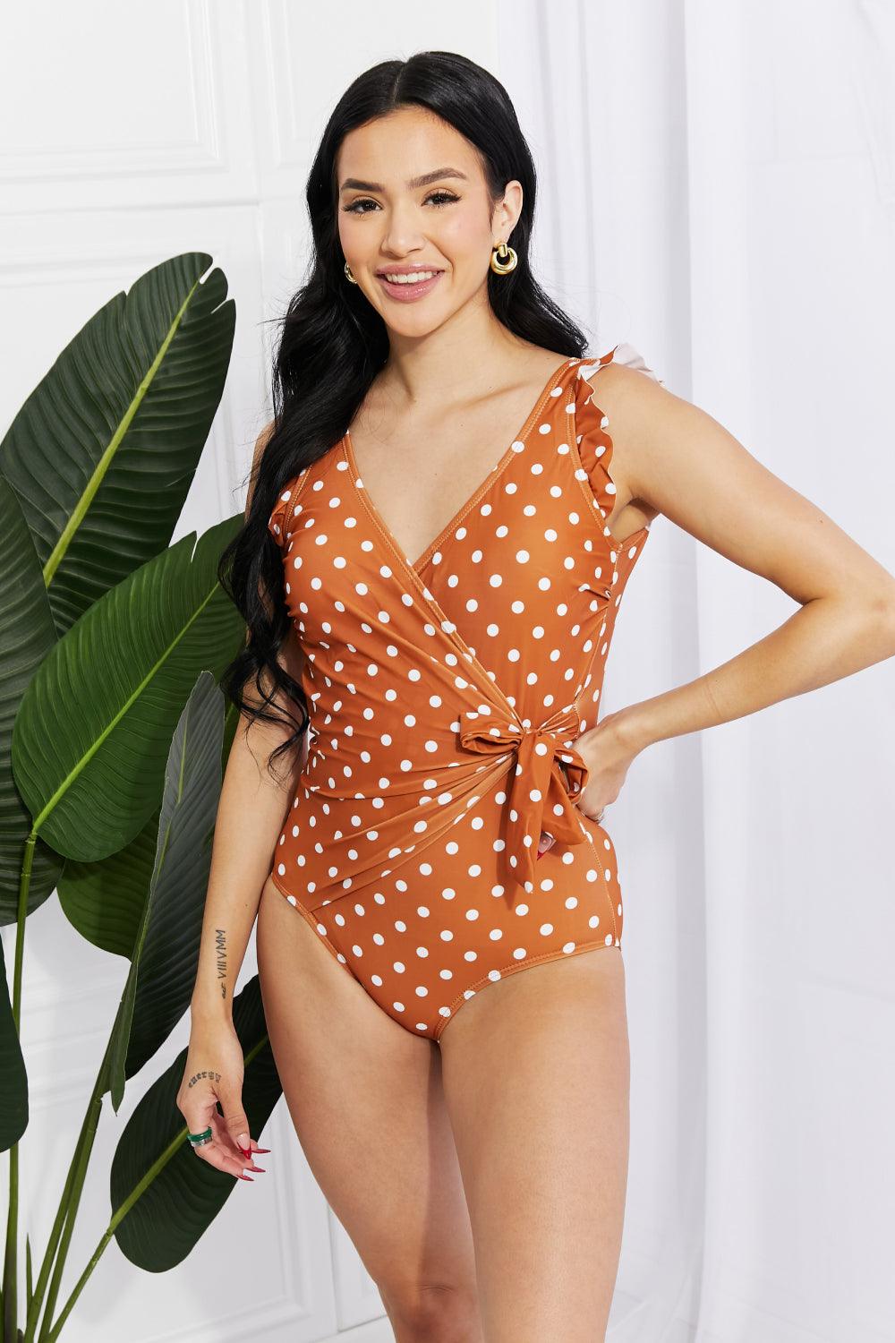 Marina West Swim Full Size Float On Ruffle Faux Wrap One-Piece in Terracotta - Divasha