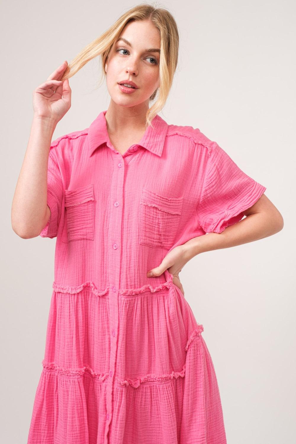 And The Why Full Size Raw Edge Washed Tiered Shirt Dress - Divasha