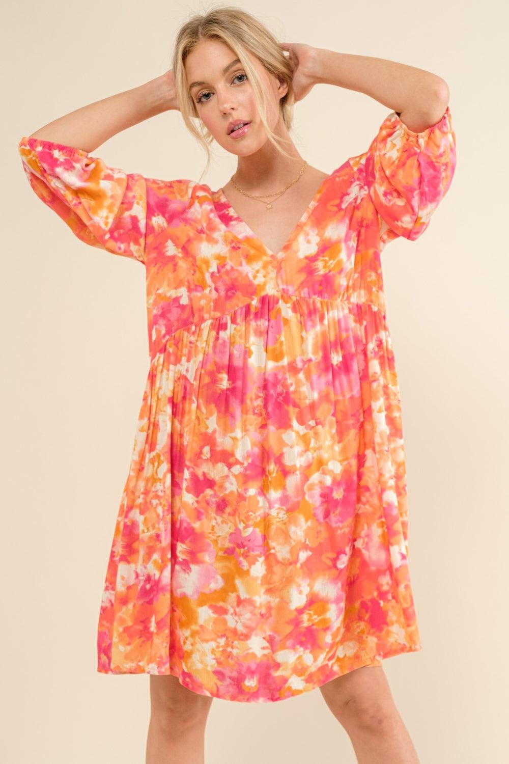 And The Why Full Size Printed Tie Back Long Sleeve Dress - Divasha