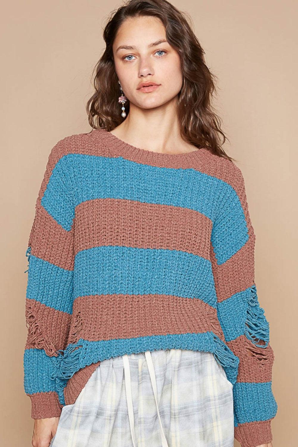 POL Striped Distressed Long Sleeve Sweater - Divasha