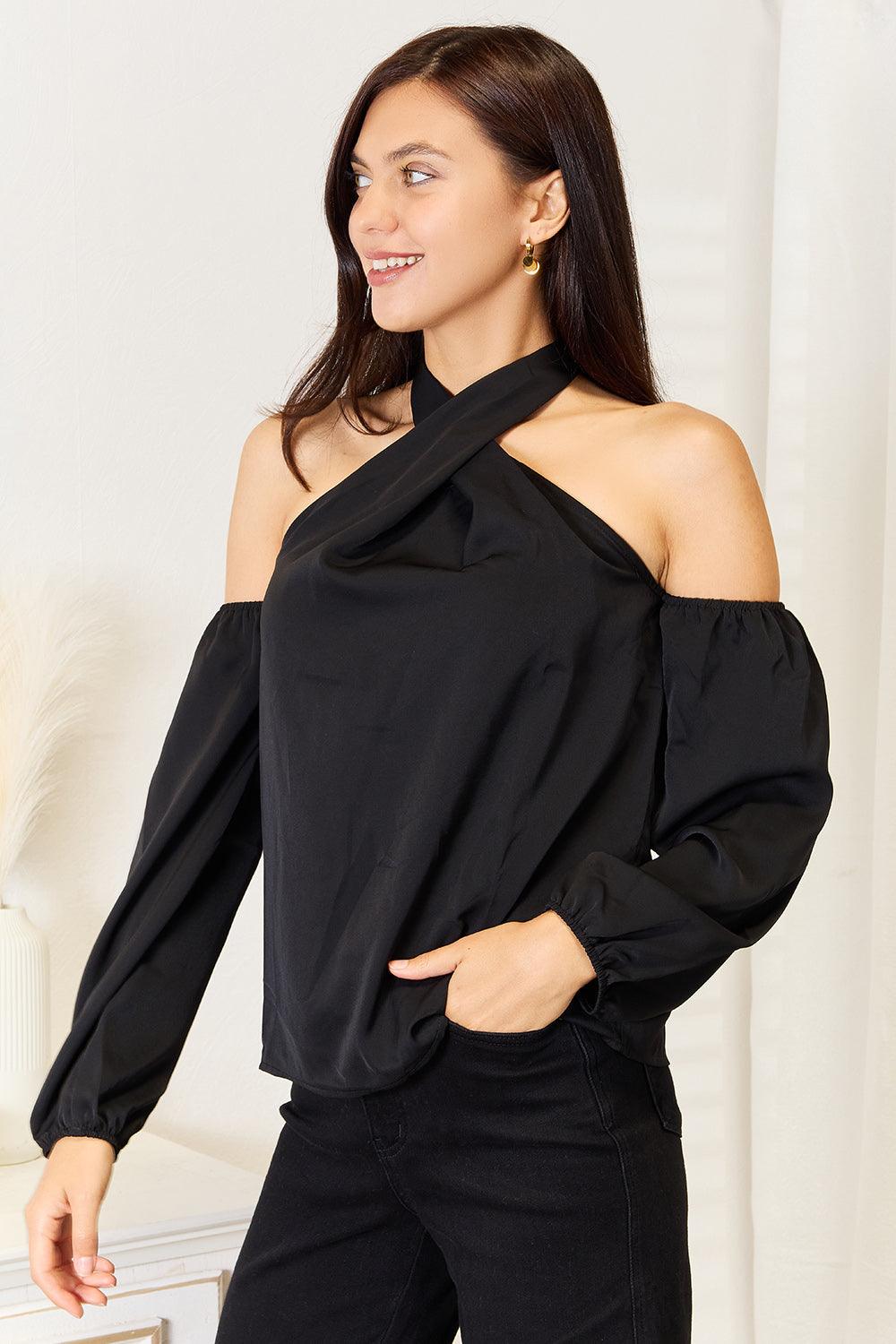 Perfee Grecian Cold Shoulder Long Sleeve Blouse - Divasha