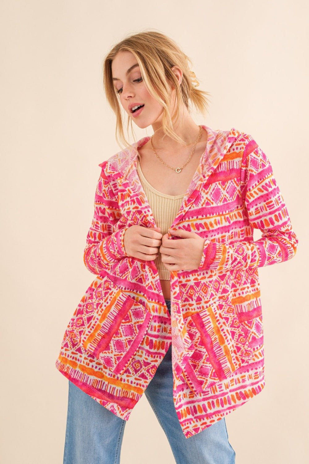 And The Why Full Size Printed Thermal Hooded Open Front Cardigan - Divasha