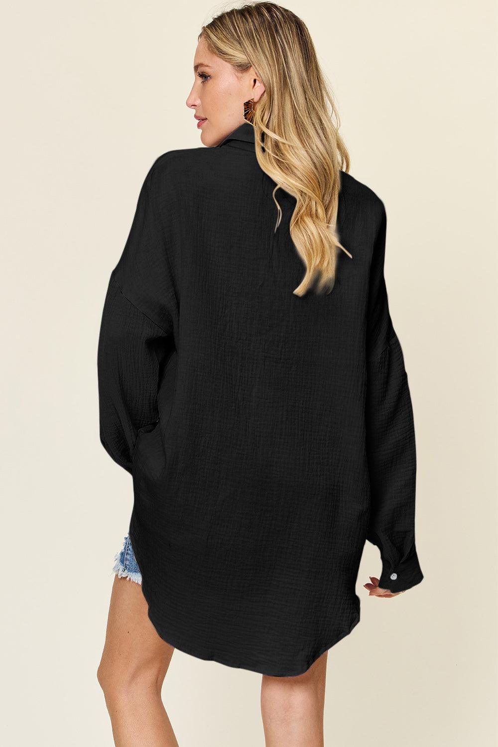 Double Take Full Size Pocketed Texture Button Up Shirt - Divasha