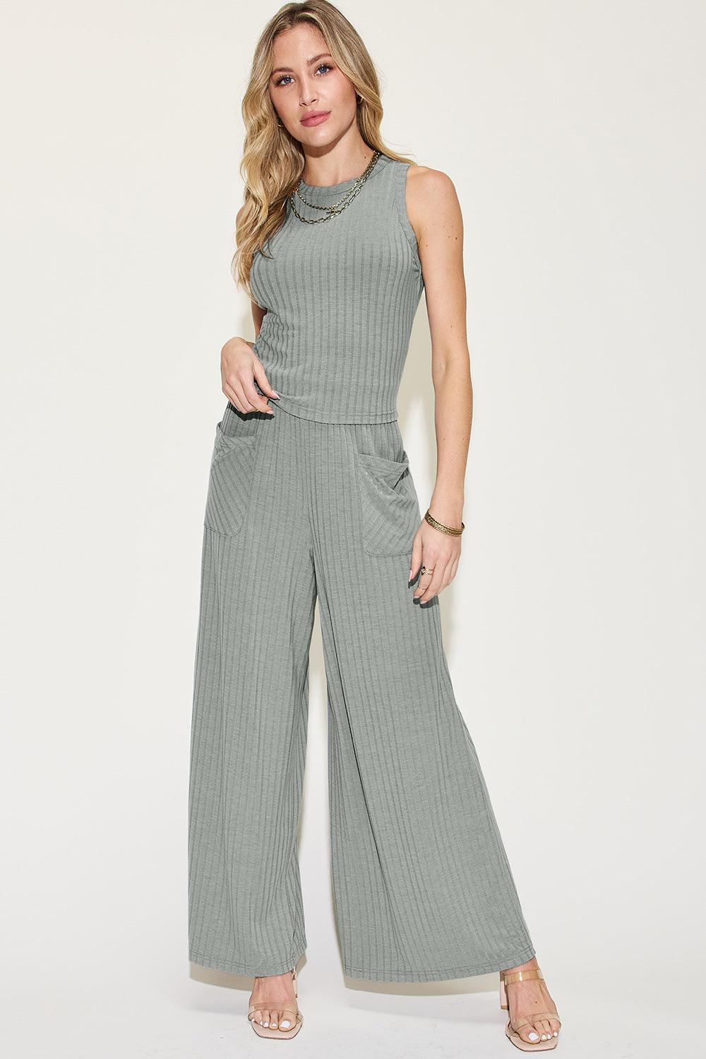 Basic Bae Full Size Ribbed Tank and Wide Leg Pants Set - Divasha