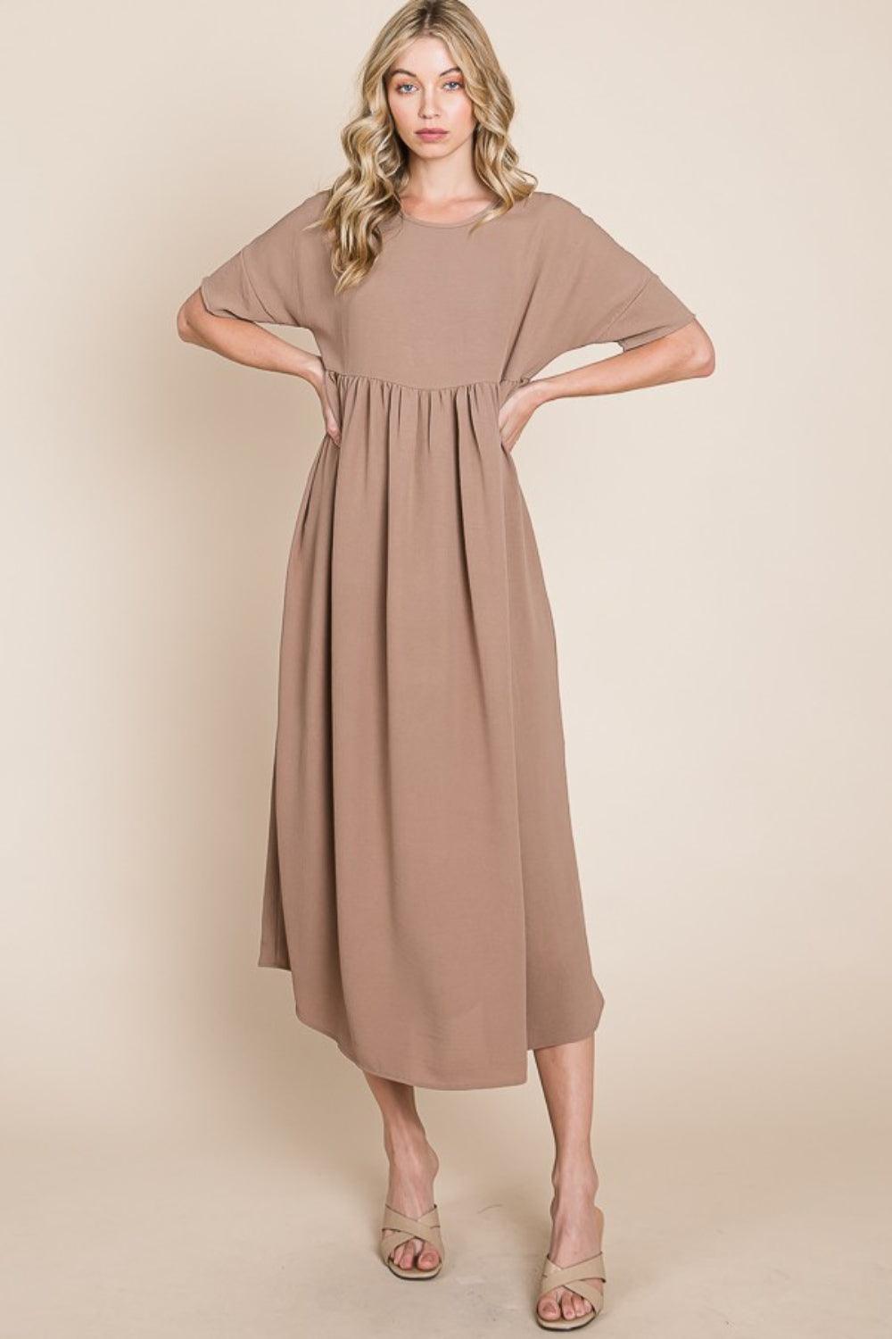 BOMBOM Round Neck Ruched Midi Dress - Divasha