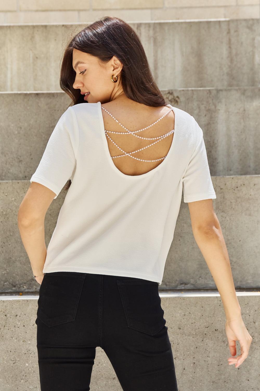 And The Why Pearly White Full Size Criss Cross Pearl Detail Open Back T-Shirt - Divasha