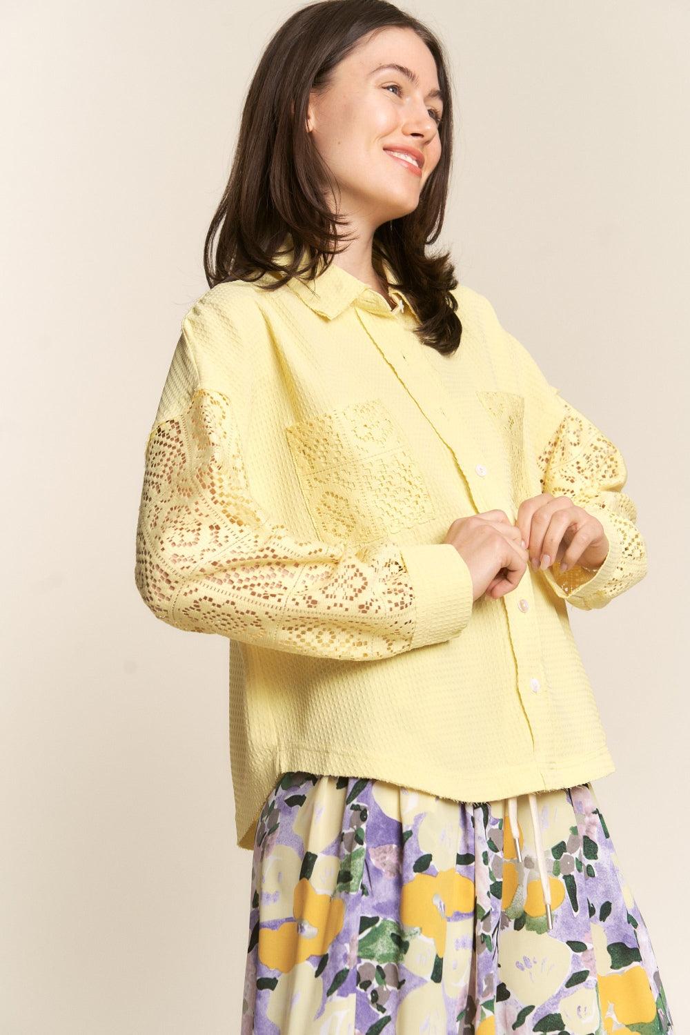 J.NNA Button Down Lace Long Sleeve Waffle Shirt - Divasha