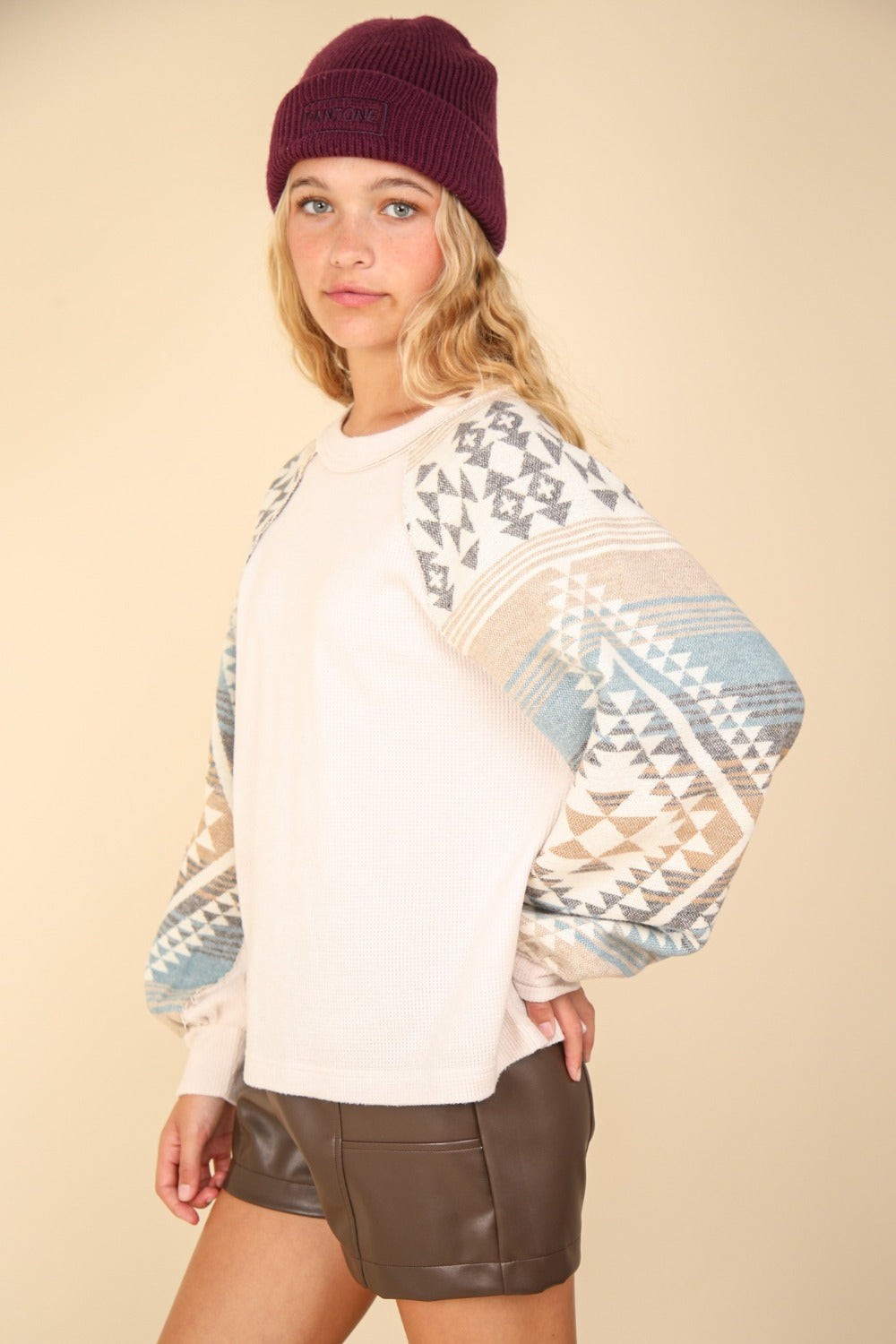 VERY J Printed Long Sleeve Round Neck Knit Top - Divasha