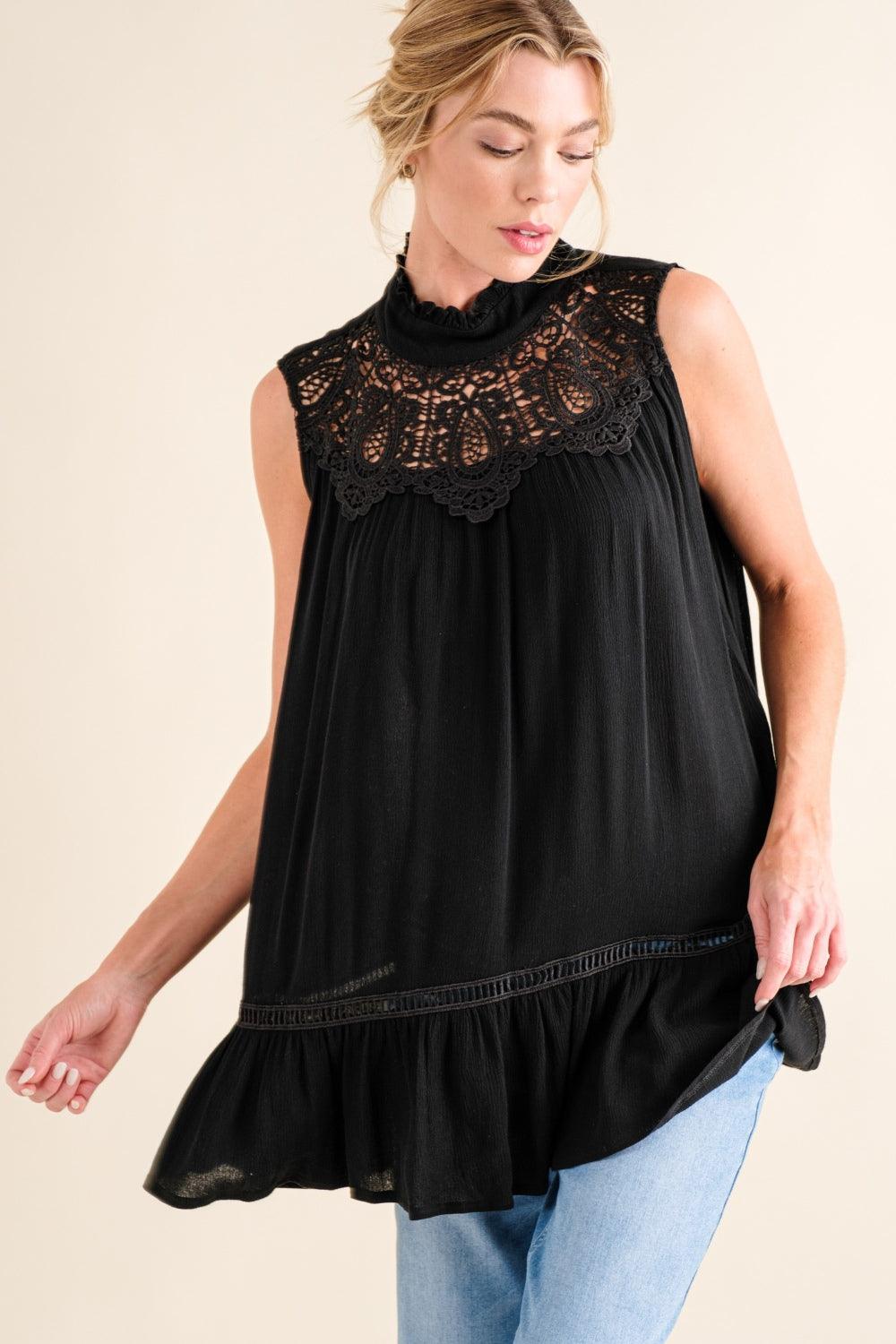 And The Why Lace Detail Sleeveless Ruffled Top - Divasha