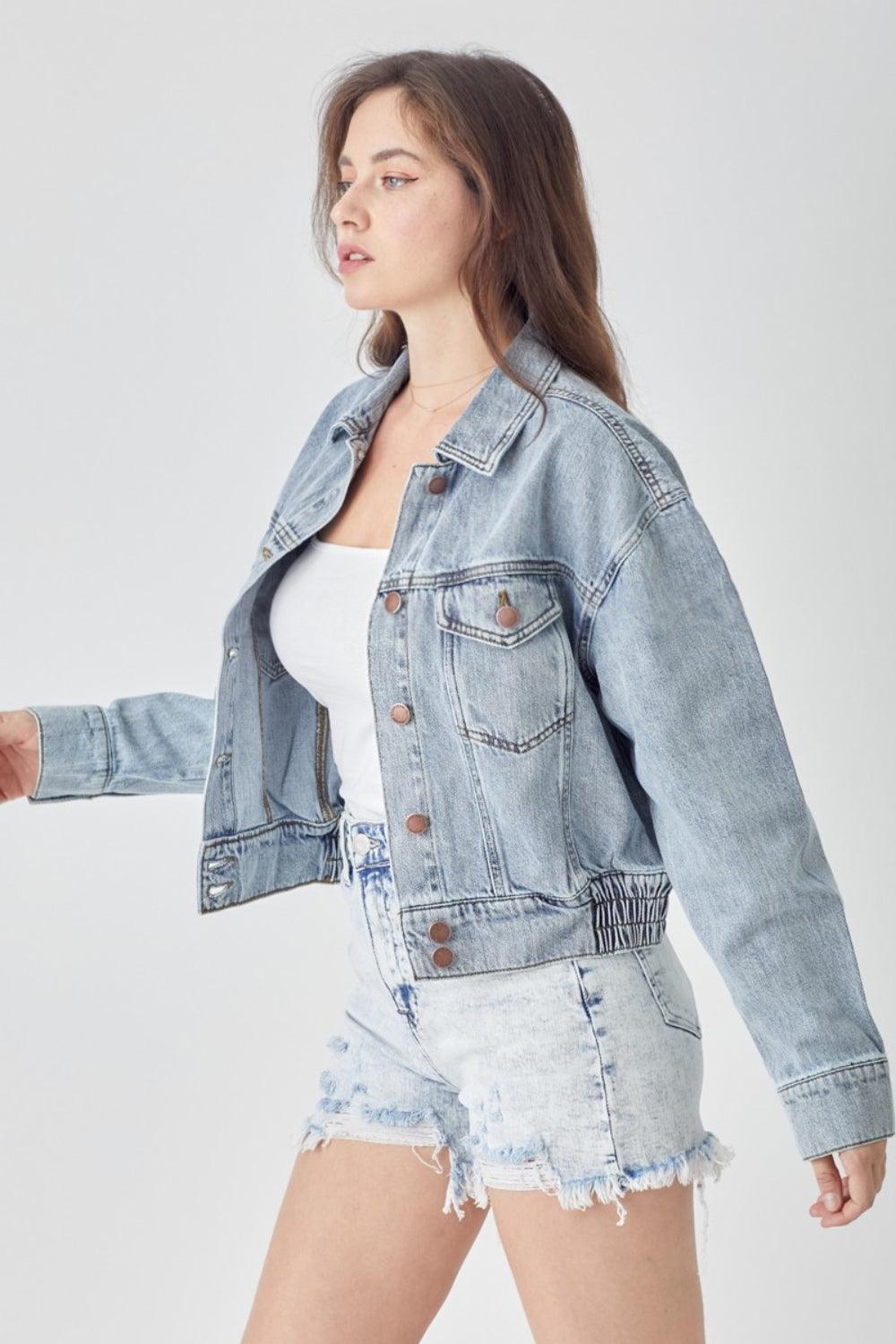 RISEN Full Size Button Down Cropped Denim Jacket - Divasha