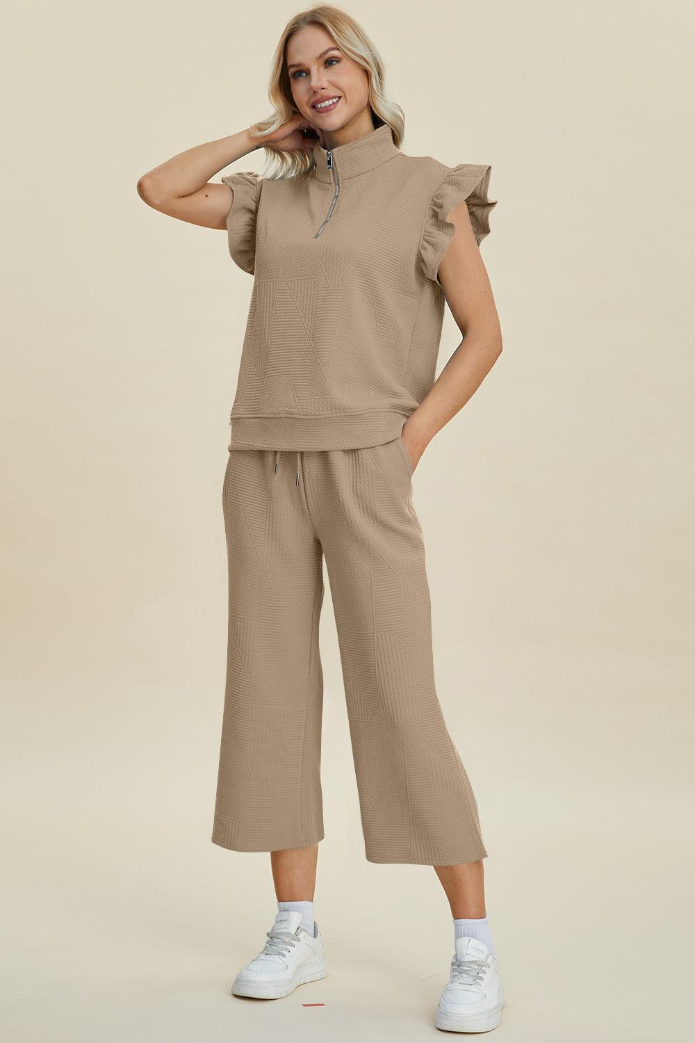 Double Take Full Size Texture Ruffle Short Sleeve Top and Wide Leg Pants Set - Divasha