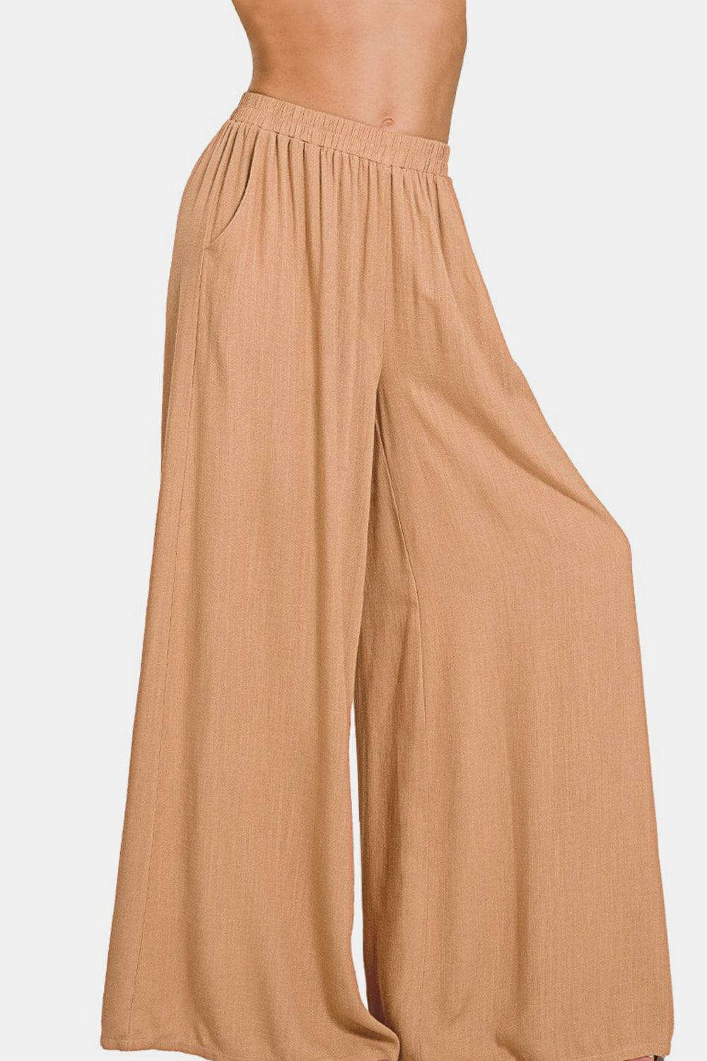 Zenana Pleated Linen Blend Wide Leg Pants - Divasha