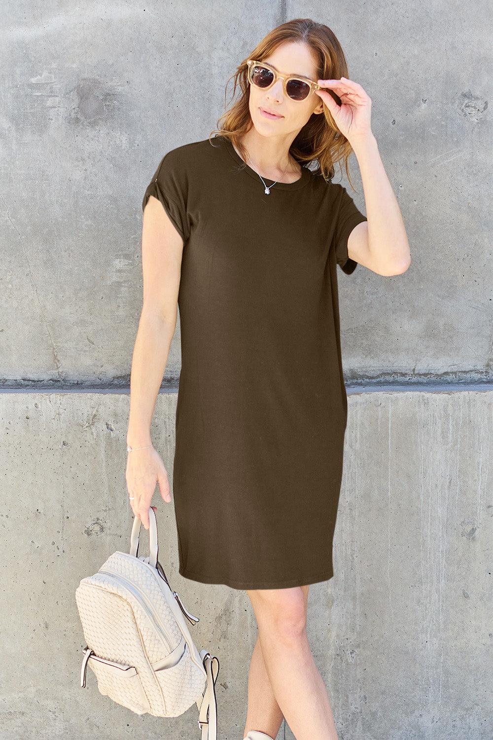 Basic Bae Full Size Round Neck Short Sleeve Dress with Pockets - Divasha