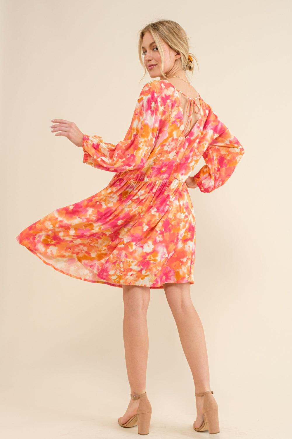 And The Why Full Size Printed Tie Back Long Sleeve Dress - Divasha