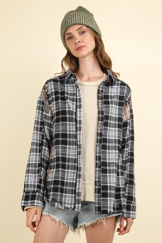 VERY J Contrast Plaid Raw Detail Shirt - Divasha