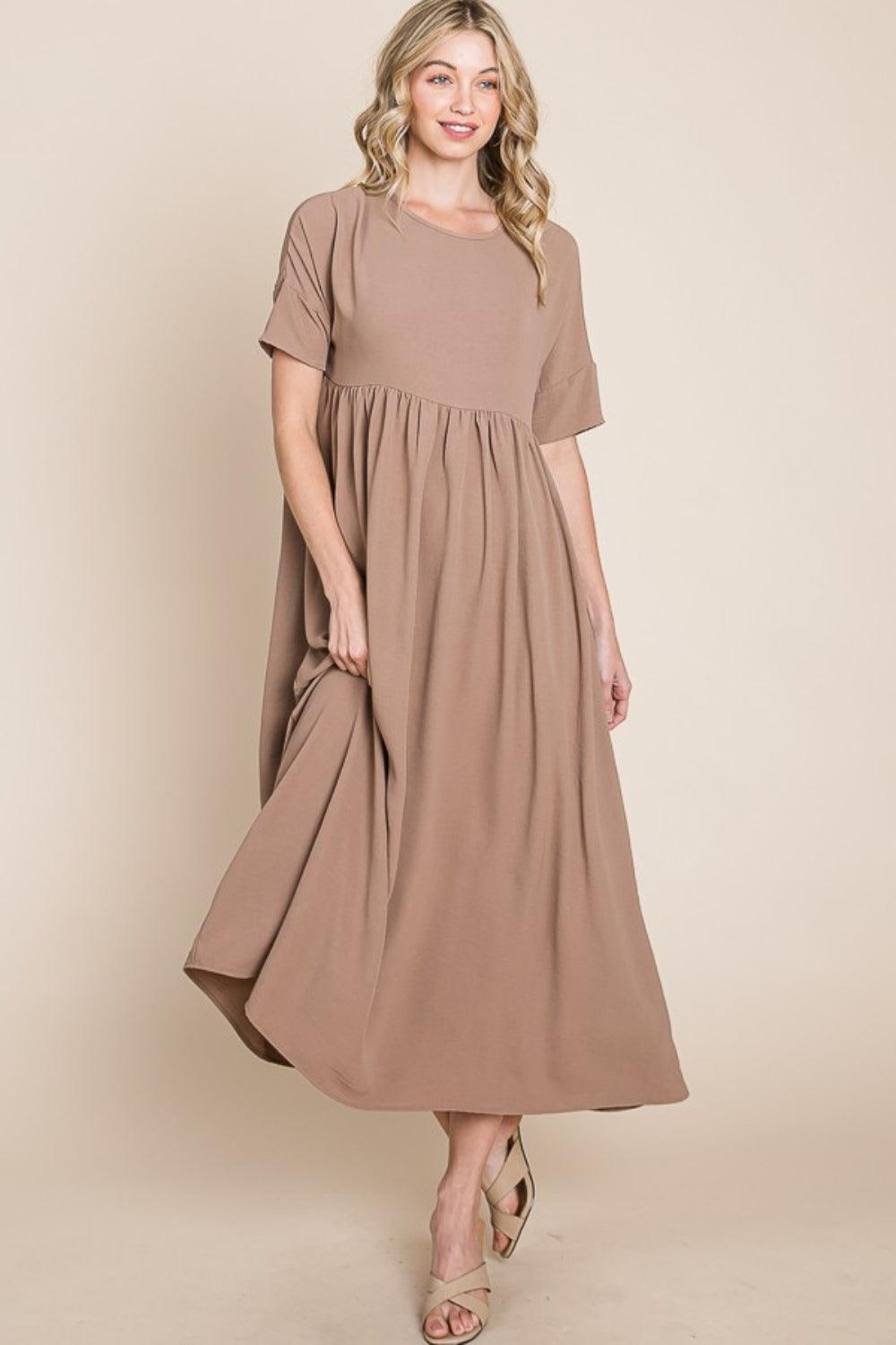 BOMBOM Round Neck Ruched Midi Dress - Divasha