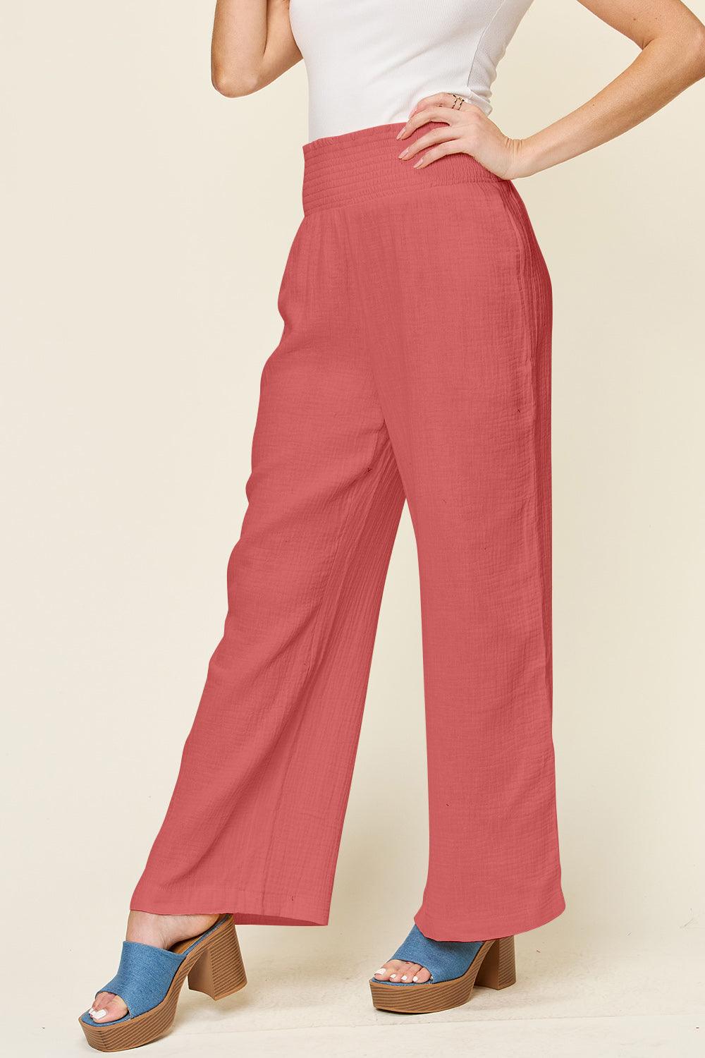 Double Take Full Size Texture Smocked Waist Wide Leg Pants - Divasha