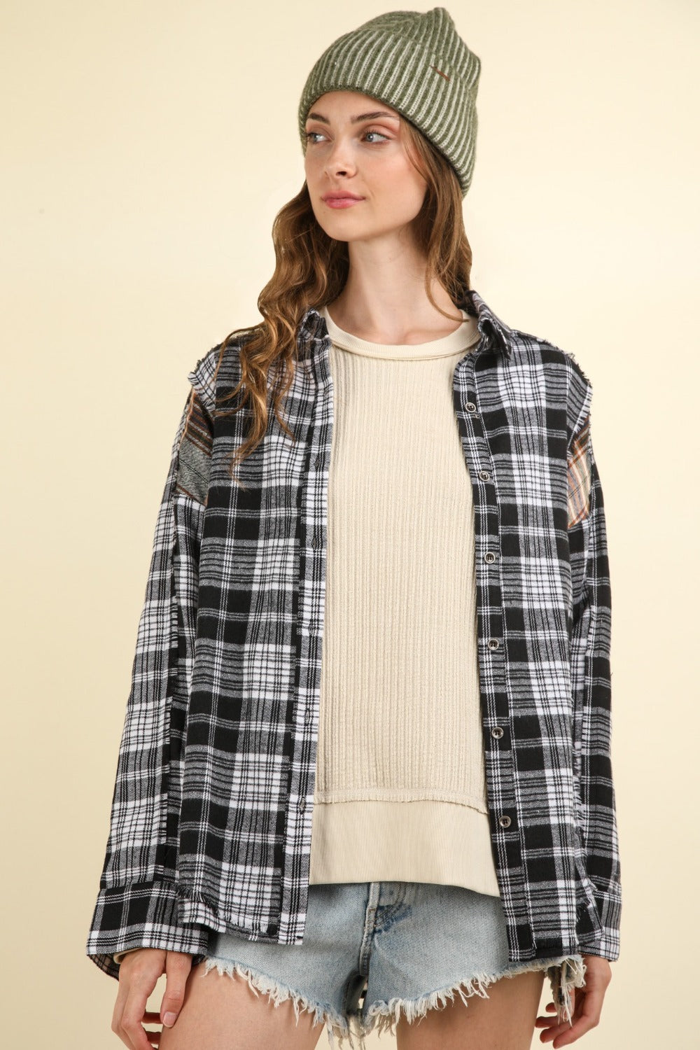 VERY J Contrast Plaid Raw Detail Shirt - Divasha