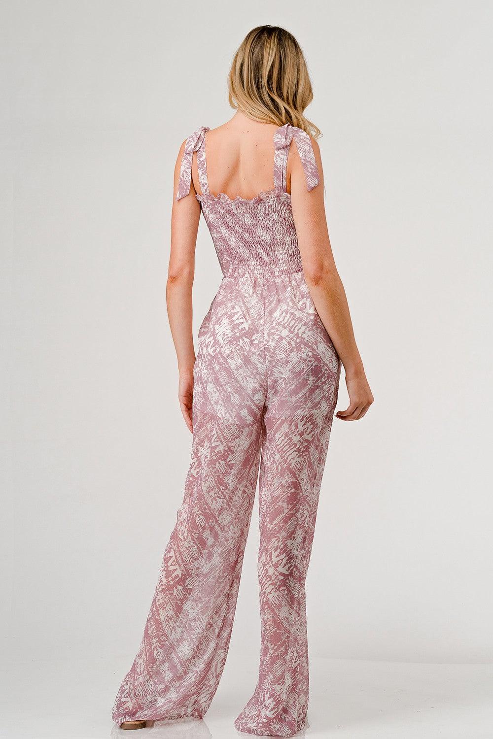 GeeGee Printed Tie Shoulder Wide Leg Jumpsuit - Divasha