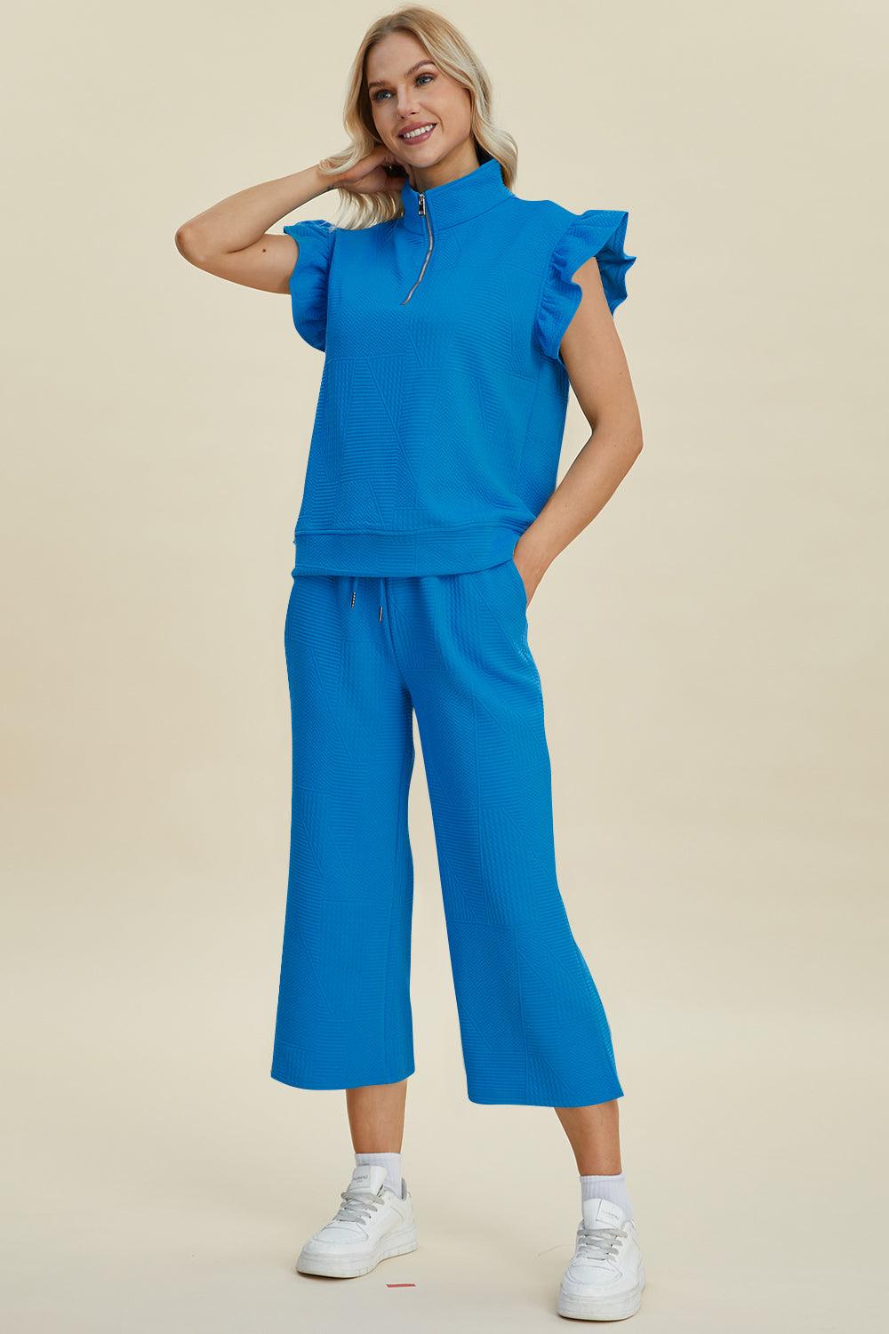 Double Take Full Size Texture Ruffle Short Sleeve Top and Wide Leg Pants Set - Divasha