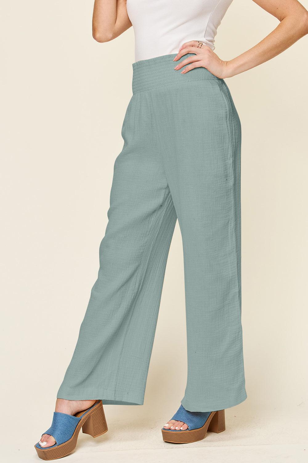 Double Take Full Size Texture Smocked Waist Wide Leg Pants - Divasha