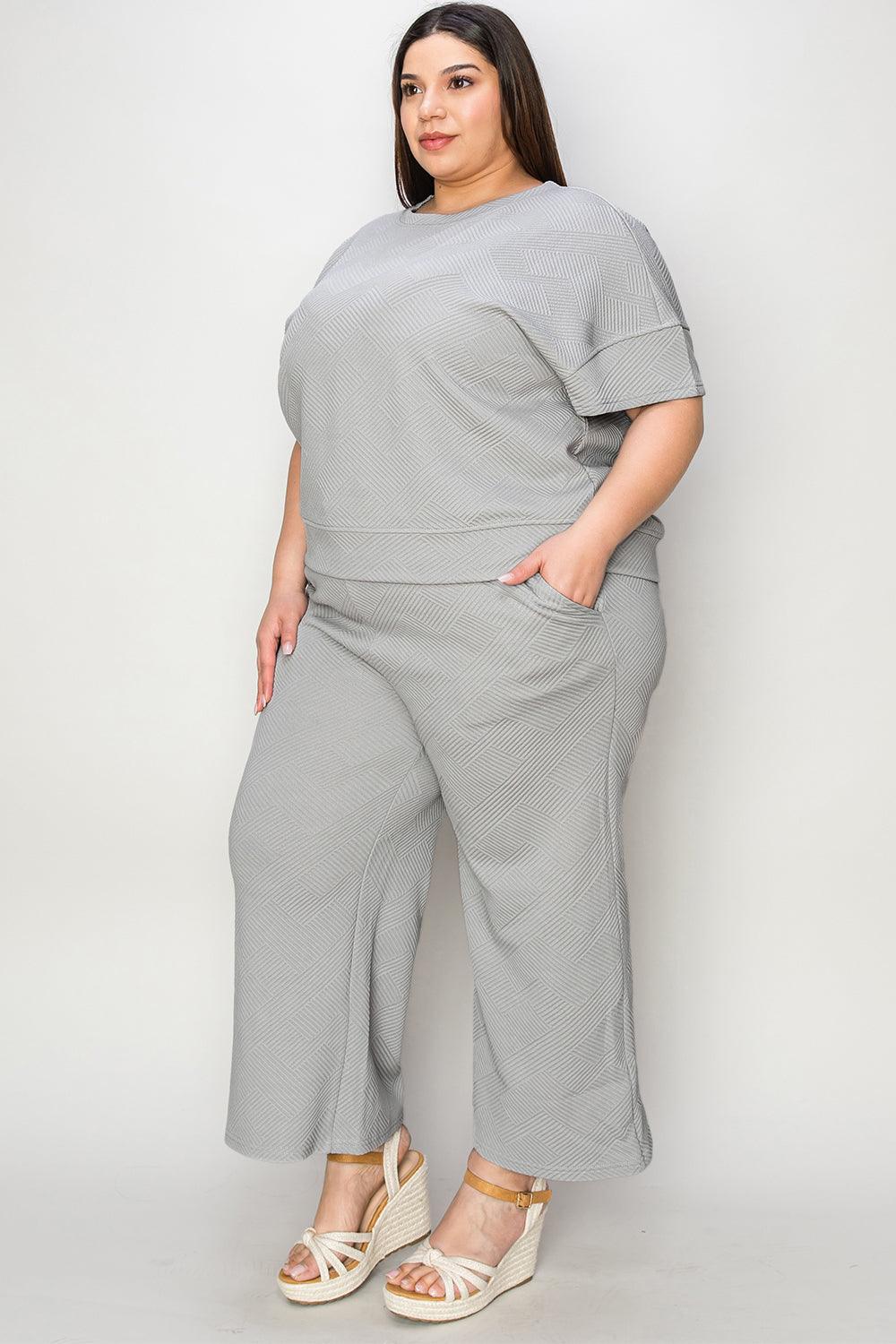 Double Take Full Size Texture Short Sleeve Top and Pants Set - Divasha