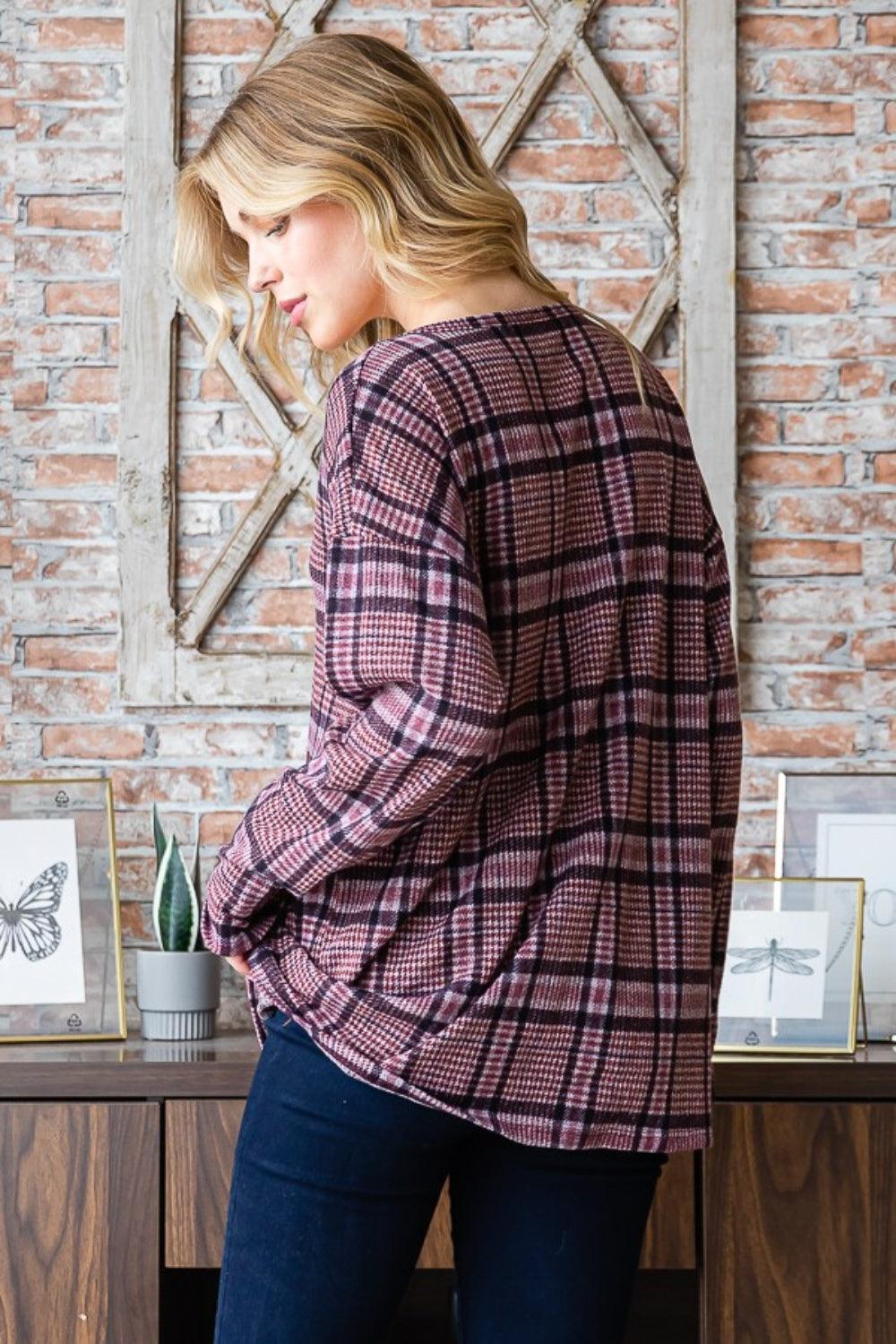 Heimish Full Size Plaid V-Neck Long Sleeve Top - Divasha