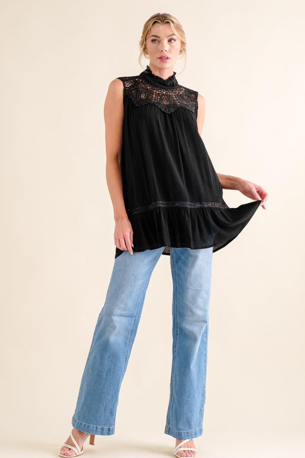 And The Why Lace Detail Sleeveless Ruffled Top - Divasha