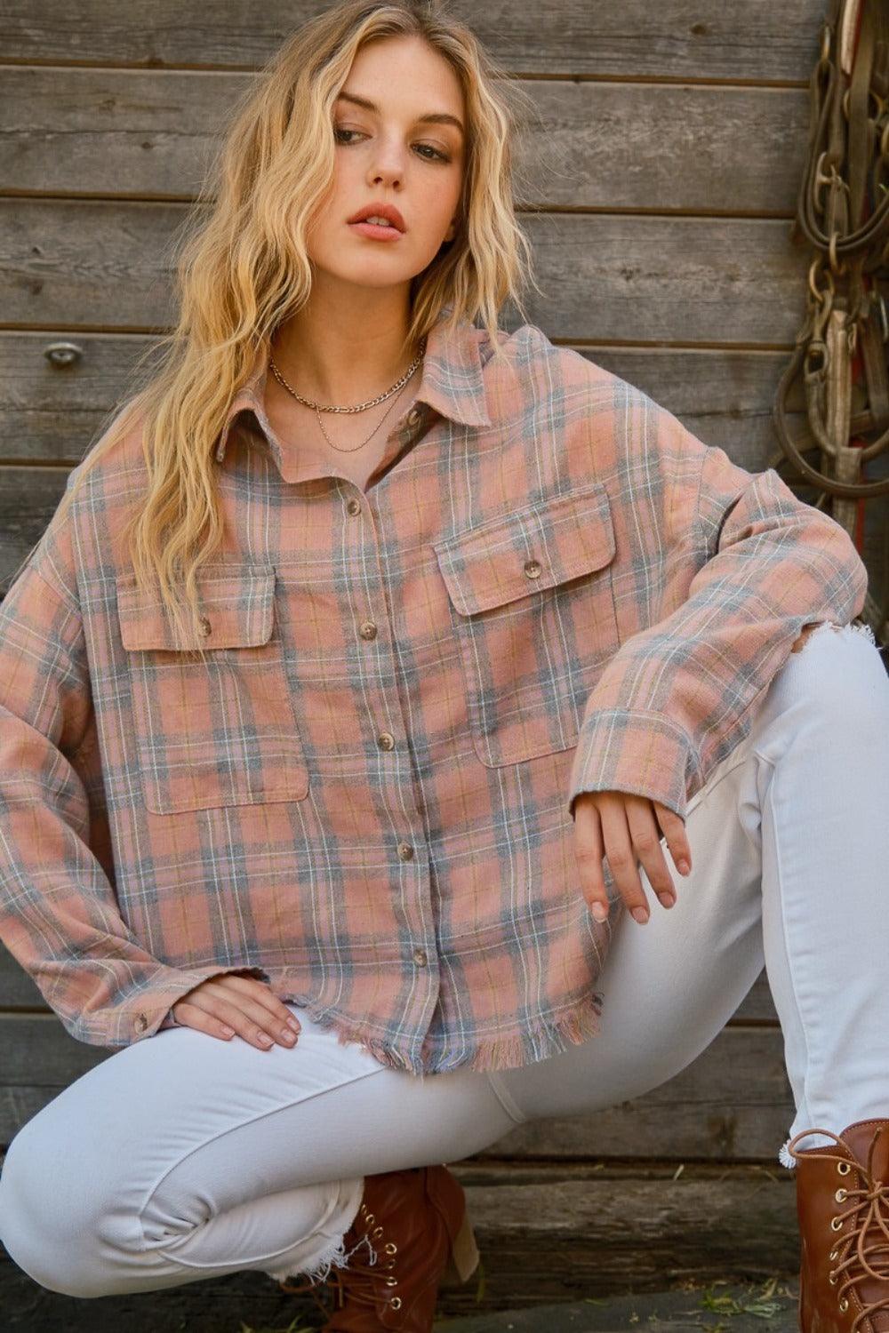 And The Why Full Size Plaid Button Up Raw Hem Shirt - Divasha