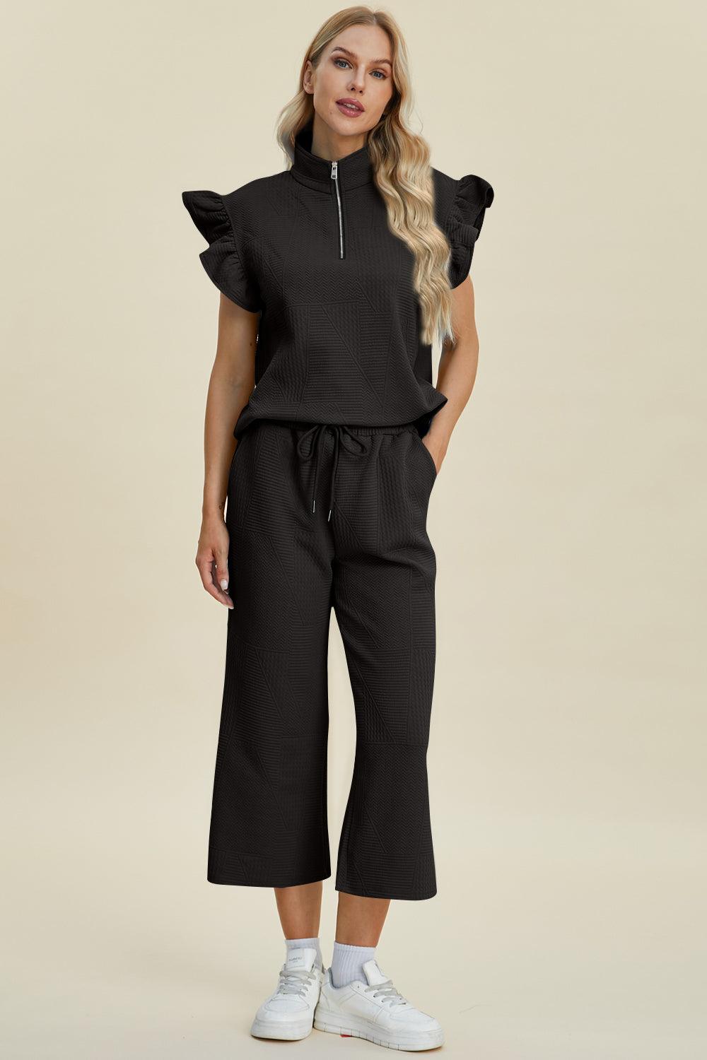 Double Take Full Size Texture Ruffle Short Sleeve Top and Wide Leg Pants Set - Divasha