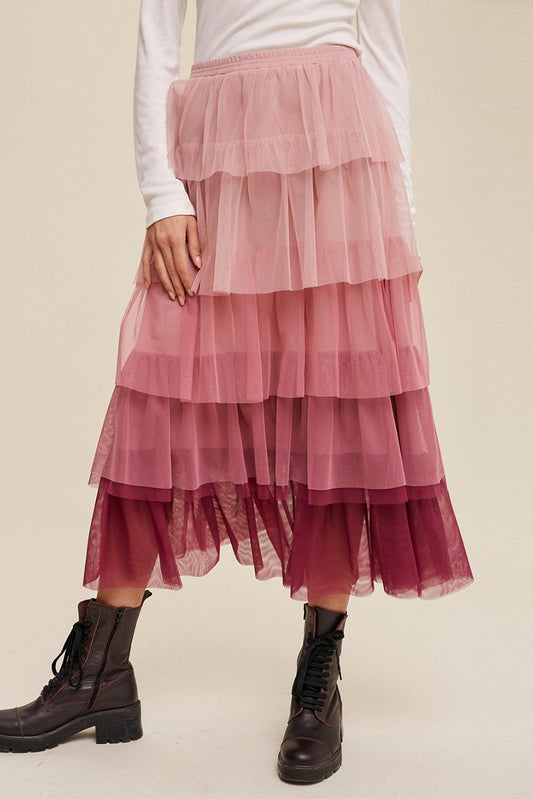 Elastic Waist Layered Tulle Midi Skirt - Divasha