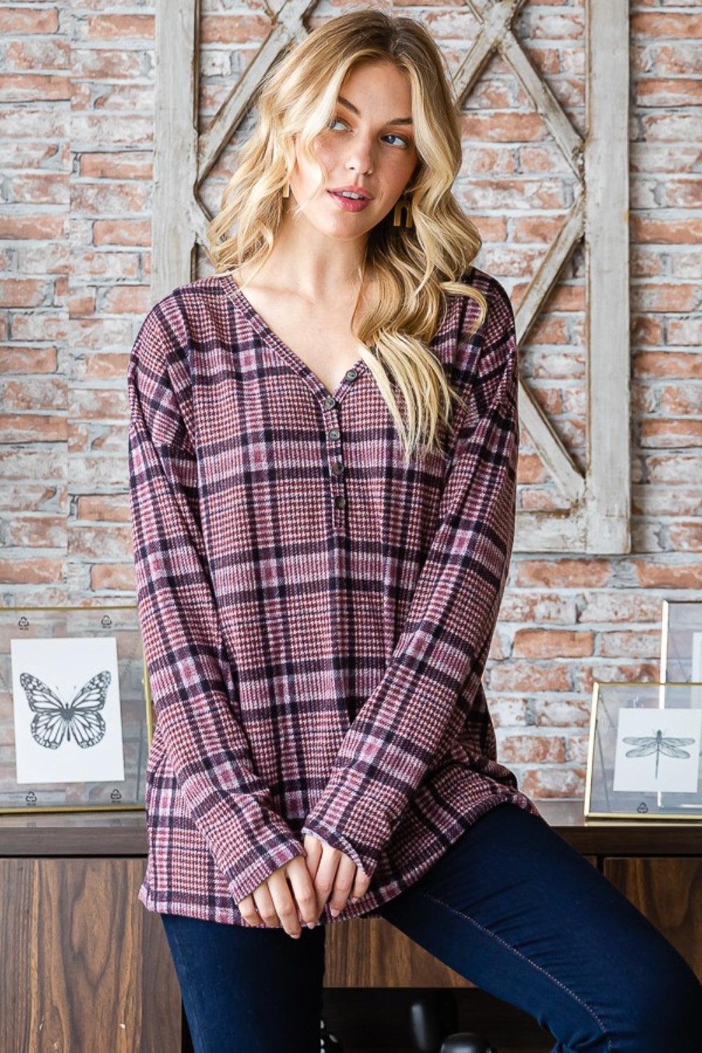 Heimish Full Size Plaid V-Neck Long Sleeve Top - Divasha