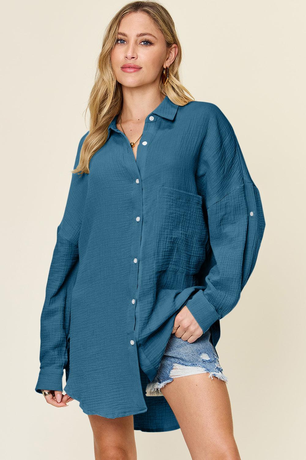 Double Take Full Size Pocketed Texture Button Up Shirt - Divasha