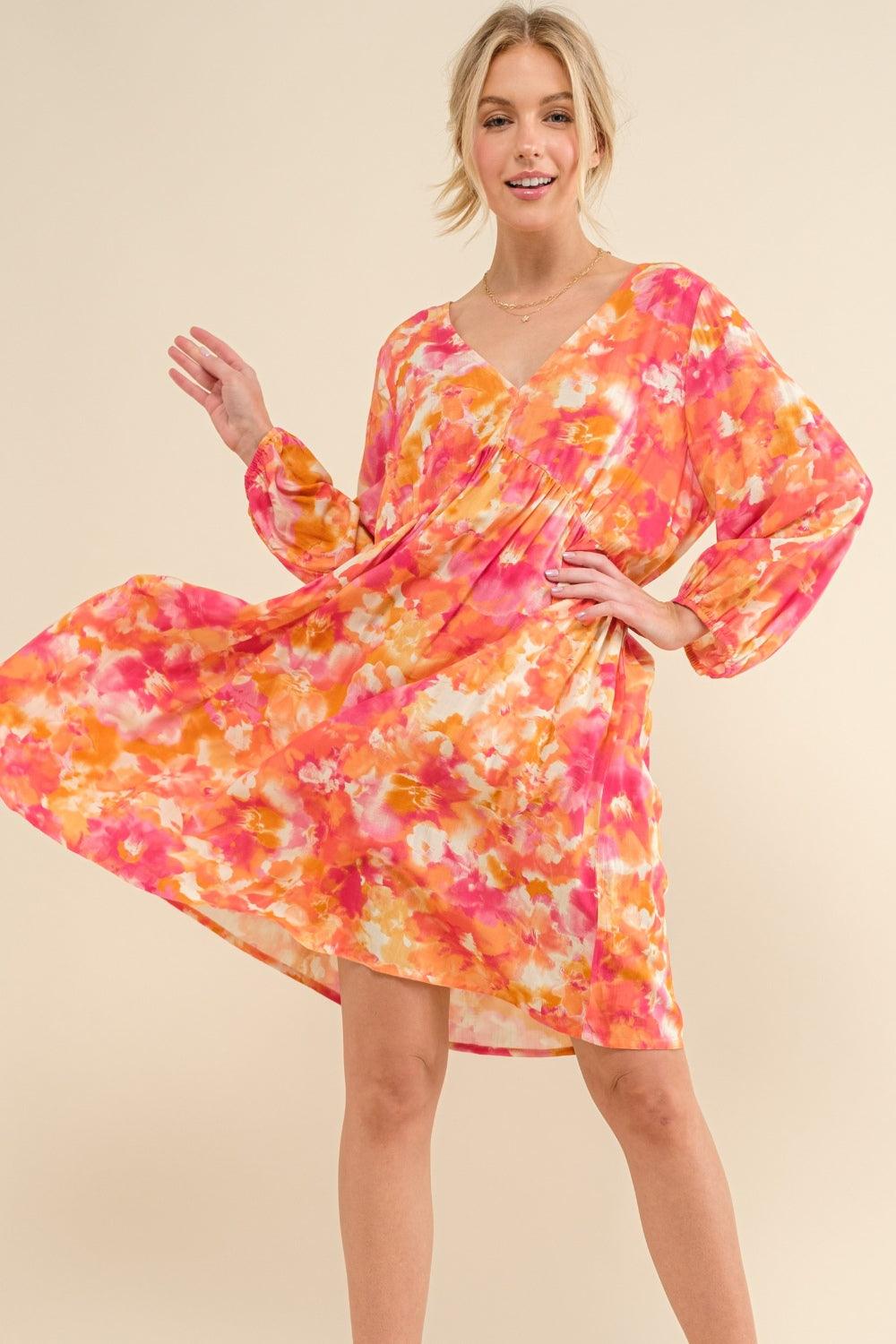 And The Why Full Size Printed Tie Back Long Sleeve Dress - Divasha