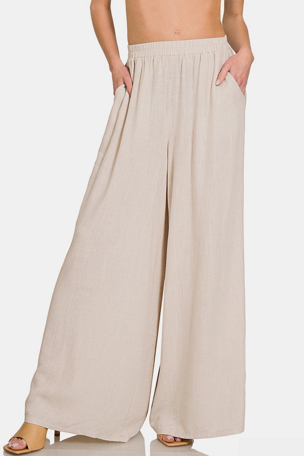 Zenana Pleated Linen Blend Wide Leg Pants - Divasha