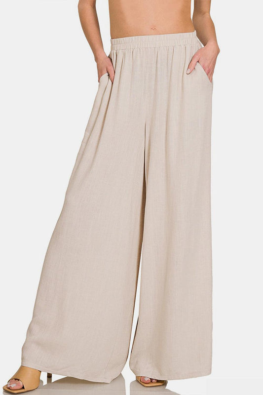 Zenana Pleated Linen Blend Wide Leg Pants - Divasha