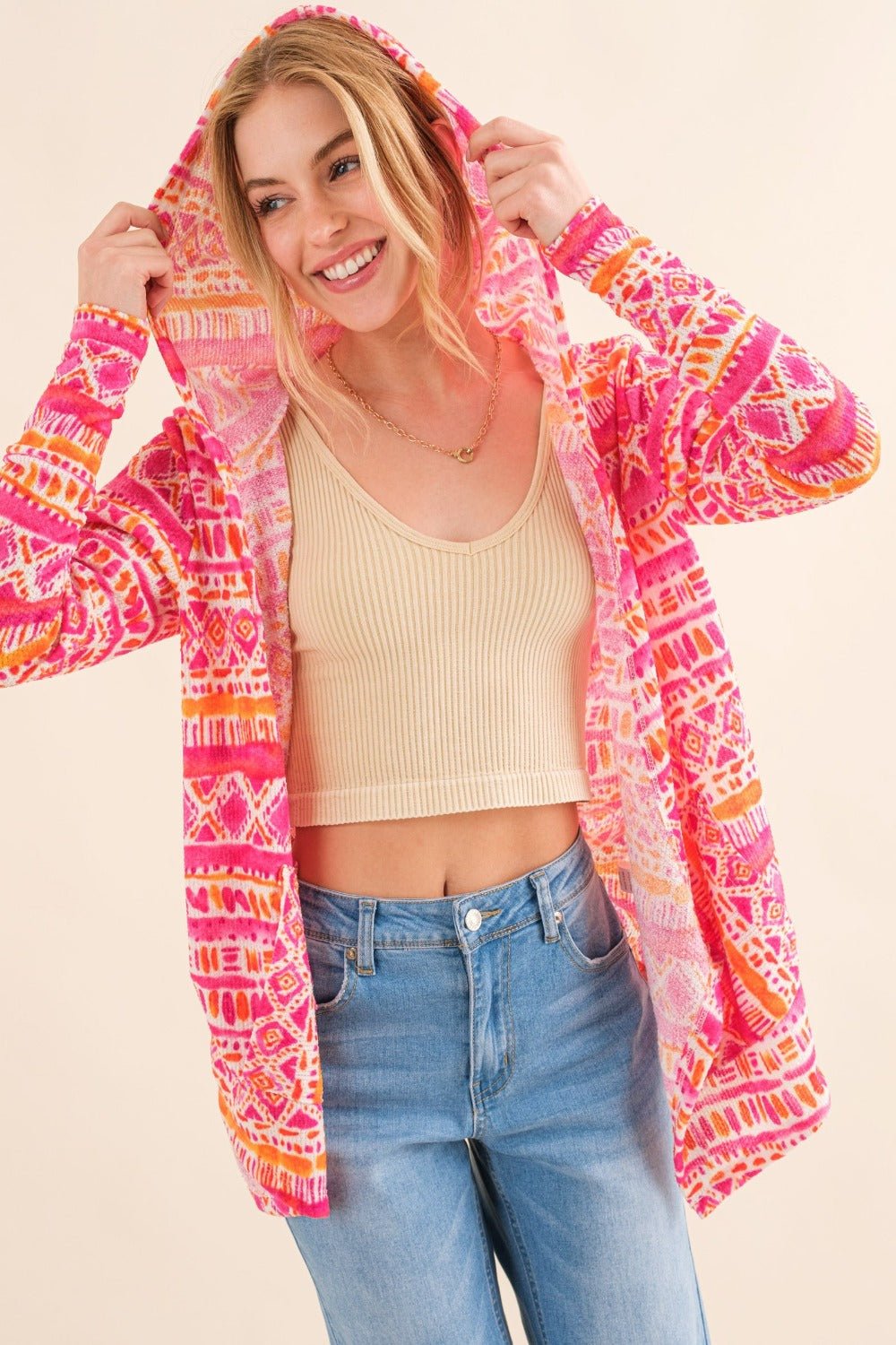 And The Why Full Size Printed Thermal Hooded Open Front Cardigan - Divasha